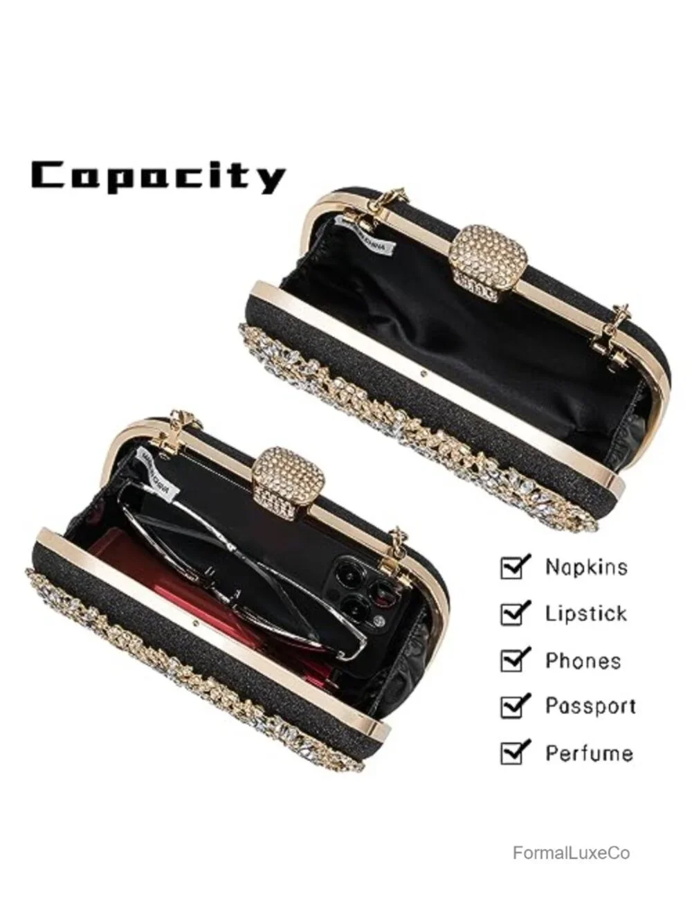 Rhinestone Decorated Evening Bag with Chain - Tote Shoulder Crossbody Handbag
